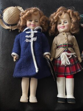 Shirley Temple Ideal Vintage Dolls - Navy Coat & Beige Plaid Outfits